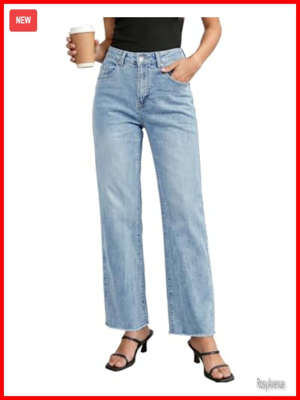 High Waisted Straight Leg Jeans Stretchy Frayed Raw Hem Loose Denim Pants